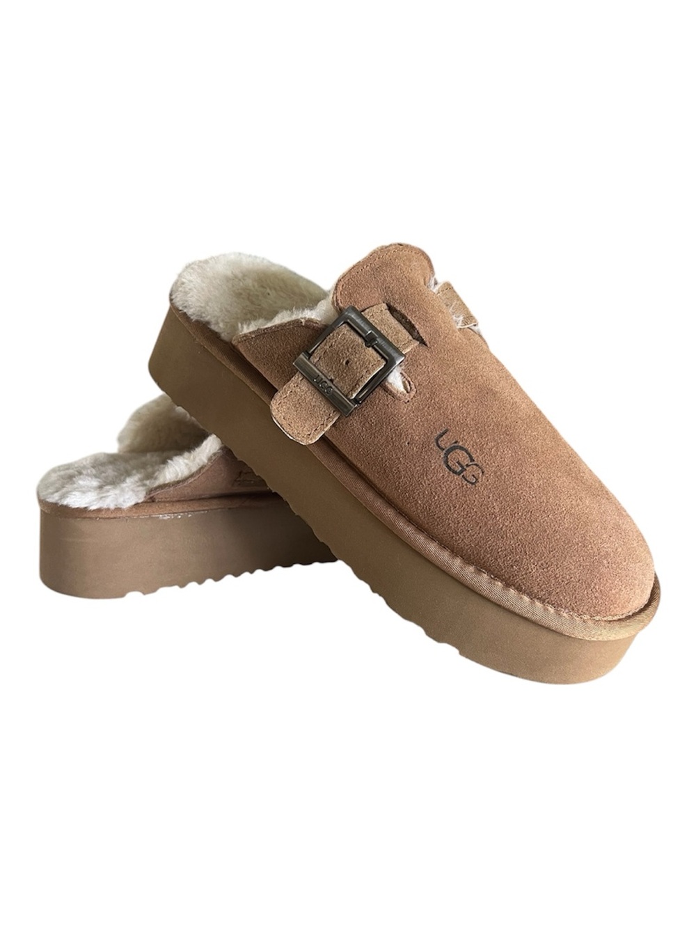 UGG Platform Tan Suede Shearling Slip-On Clog with Buckle South Beach